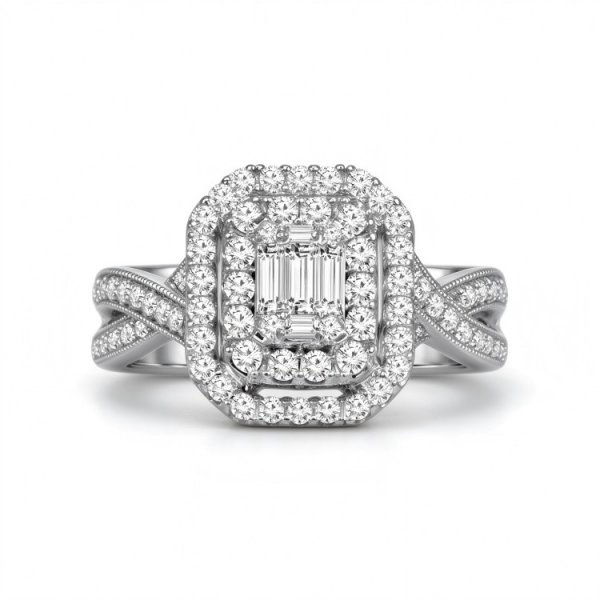 Previously Owned Crystal Engagement Ring Round/Baguette Titanium steel